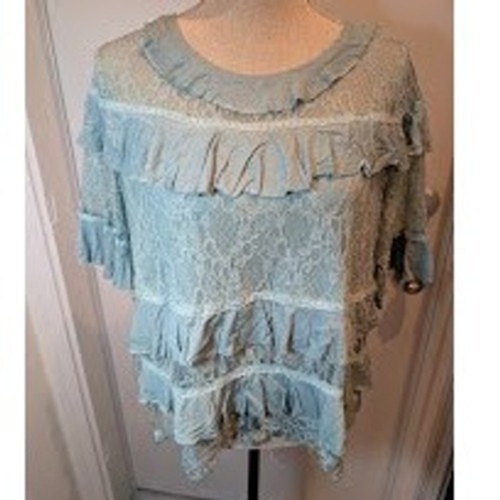 Pol Sz M Seafoam Green Lace Ruffle Top Blouse Tiered‎ Short Sleeve New